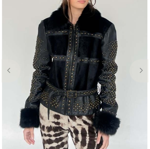 Cache Vintage Black Leather Jacket with Studs and Fur Sz 12 - Picture 14 of 14